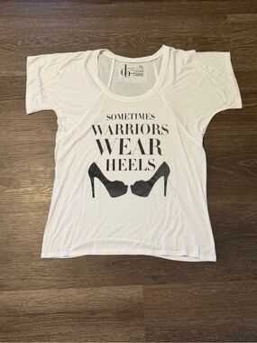 Dare2b White Short Sleeve Tee with Black Print - "Sometimes Warriors Wear Heels"